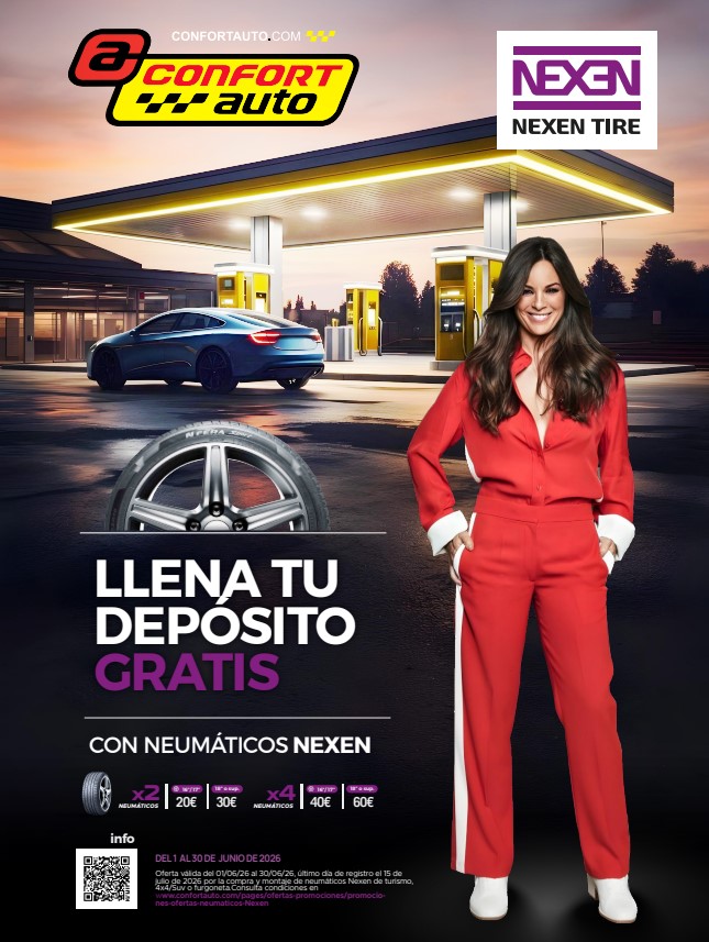 Del 1 al 30 de junio de 2026 Por la compra y montaje de neumáticos Nexen (turismo, 4x4/SUV o furgoneta), llévate regalos directos para tu combustible. El importe varía según las pulgadas y la cantidad de neumáticos: Por la compra de 2 neumáticos: Llantas de 16" o 17" ➔ 20€ de regalo. Llantas de 18" o superior ➔ 30€ de regalo. Por la compra de 4 neumáticos: Llantas de 16" o 17" ➔ 40€ de regalo. Llantas de 18" o superior ➔ 60€ de regalo. 📌 Información importante: Oferta válida por la compra y montaje del 01/06/26 al 30/06/26. El último día para registrar la promoción es el 15 de julio de 2026. Consulta condiciones en confortauto.com